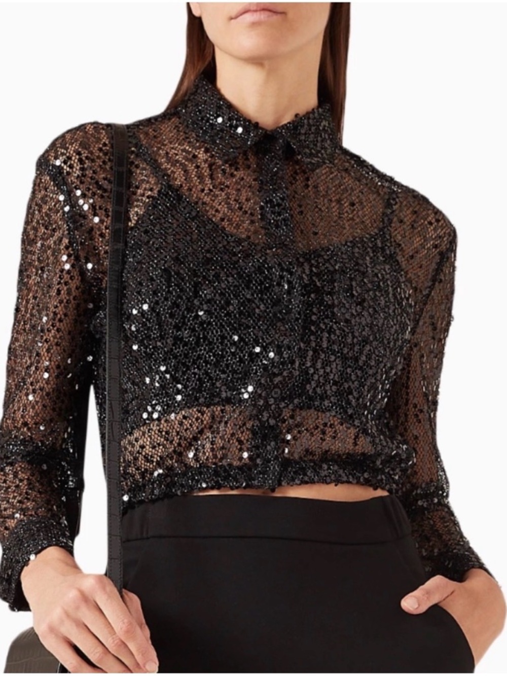 Maje Black Sequin Sheer Cropped Blouse